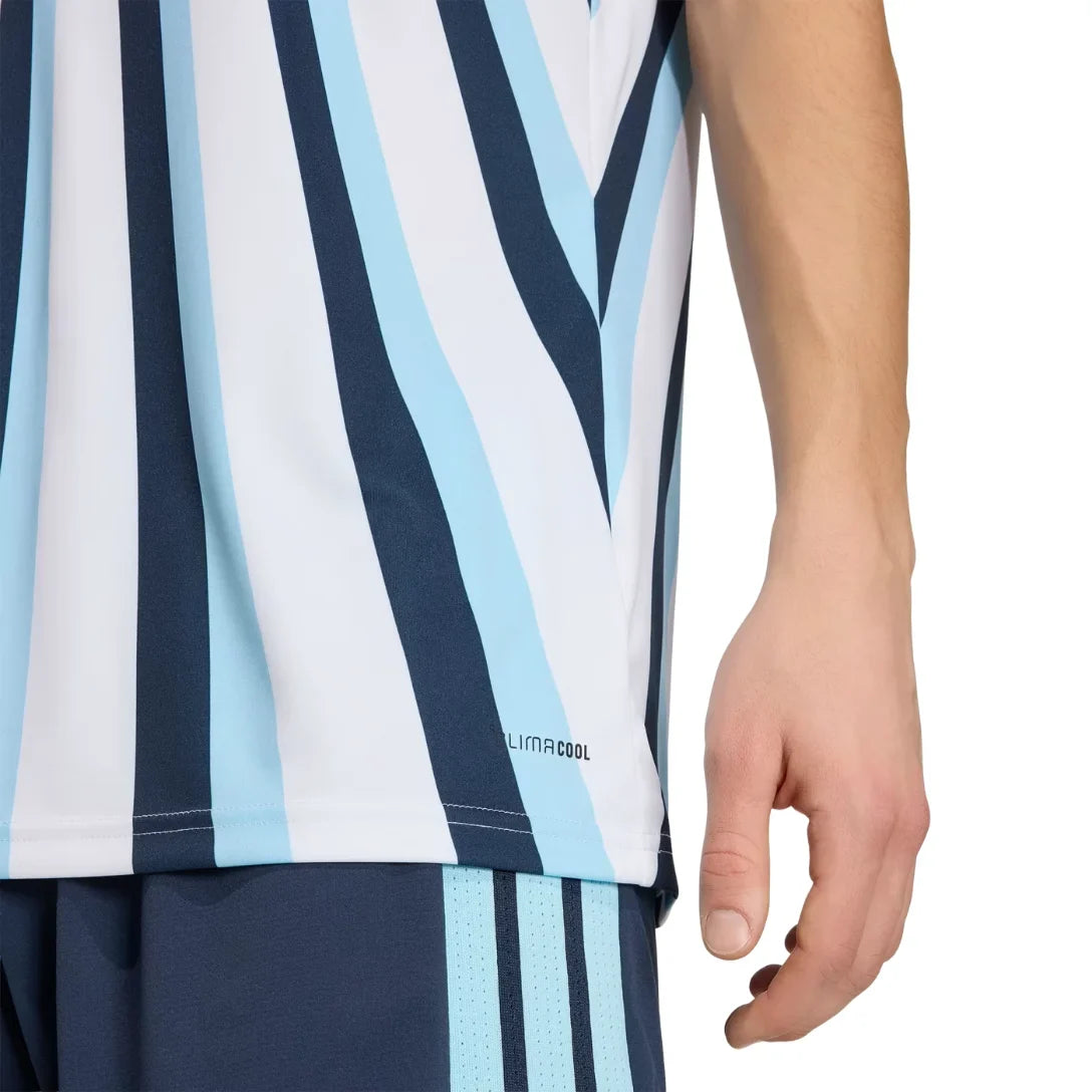 Man wearing the Argentina pre-match jersey World Cup 2026, detail of the striped fabric