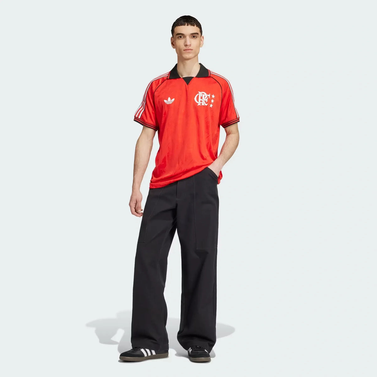 Flamengo 2026 lifestyle jersey in red - full outfit, worn by model