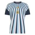 Argentina pre-match jersey World Cup 2026 in celeste and white stripes with navy sleeves, front view