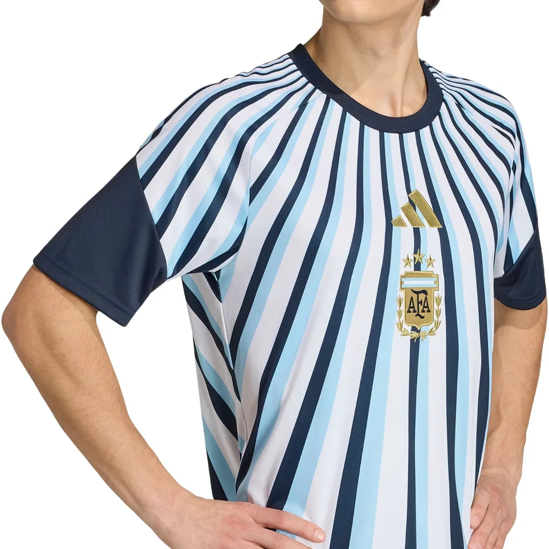 Close-up of the AFA crest and adidas logo on the Argentina 2026 pre-match jersey