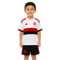 Flamengo 2026/27 away kids kit in white with red and black chest band, worn by child model
