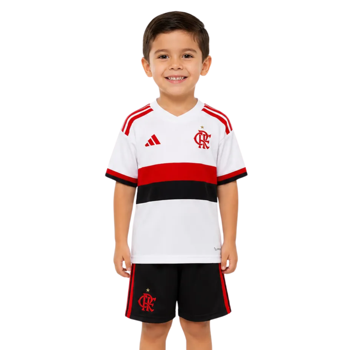 Flamengo 2026/27 away kids kit in white with red and black chest band, worn by child model