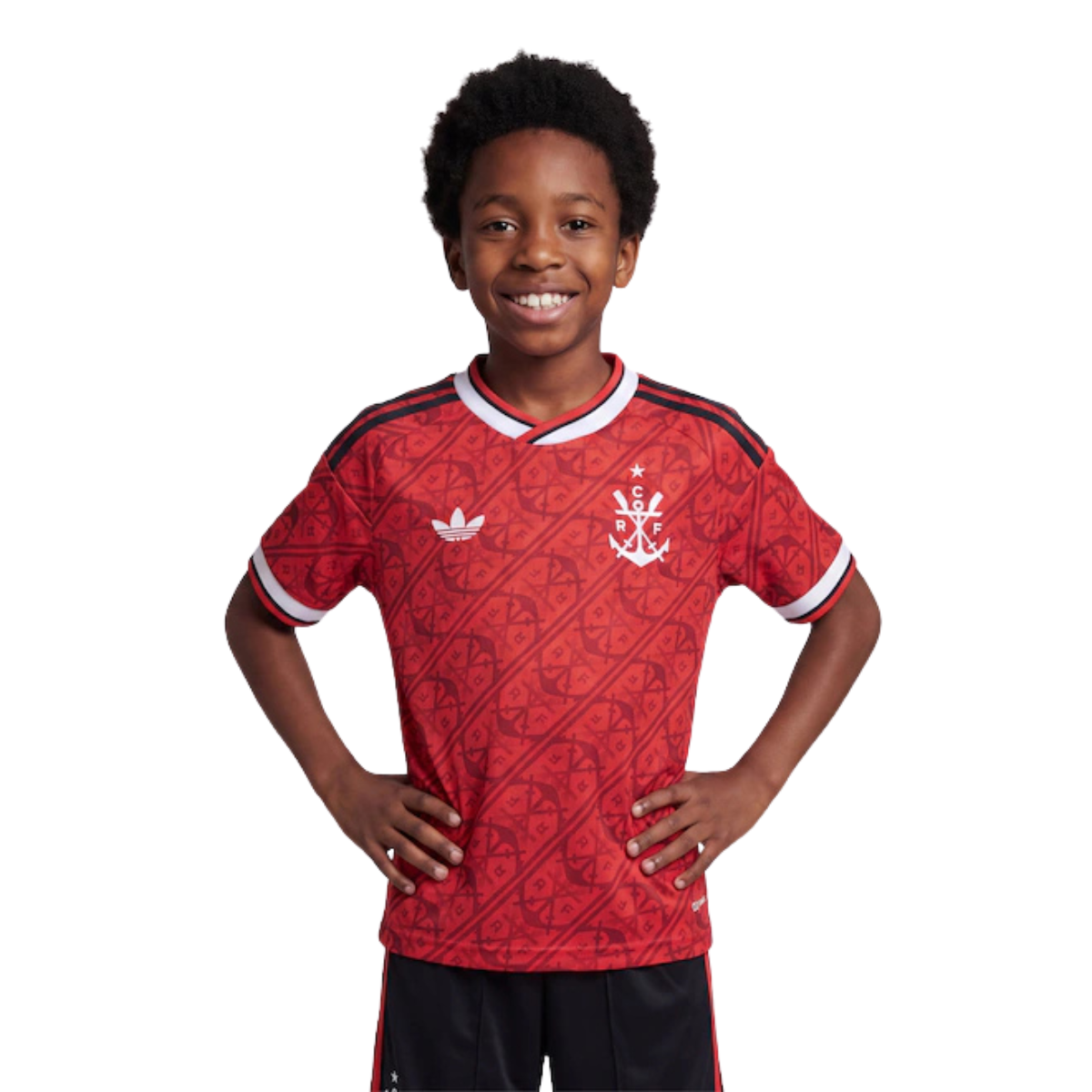 Flamengo 2026/27 third kids kit in red with tonal pattern, worn by child model