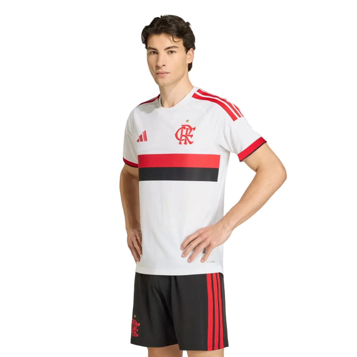 Flamengo 2026/27 away player version jersey in white with red and black chest band, worn by model