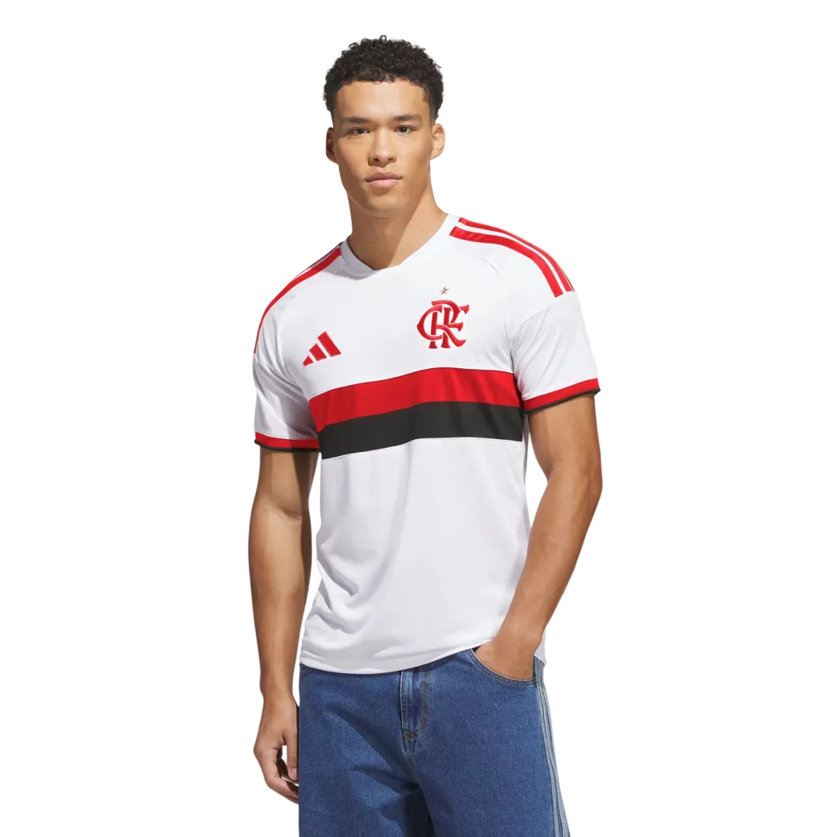 Flamengo 2026/27 away jersey in white with red and black chest band, worn by model