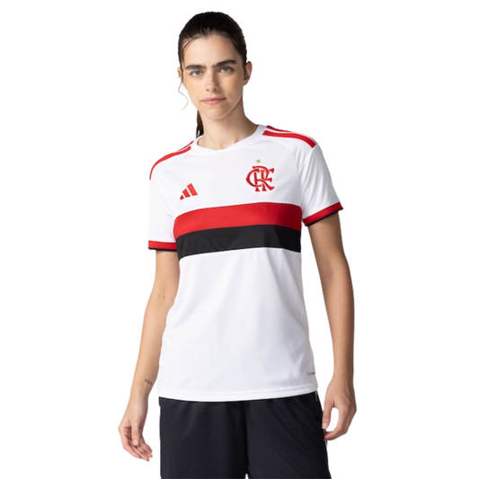Flamengo 2026/27 away women's jersey in white with red and black chest band, worn by model