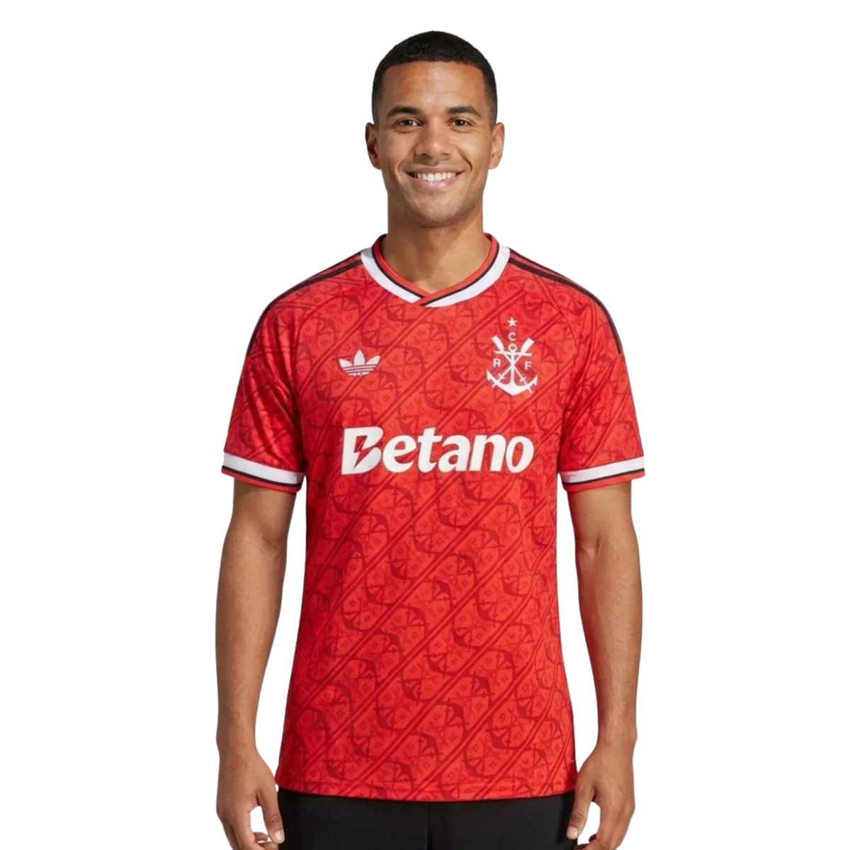 Flamengo 2026/27 third jersey in red with tonal pattern, worn by model