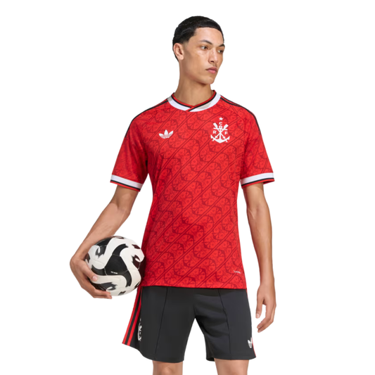 Flamengo 2026/27 third player version jersey in red with tonal pattern, worn by model