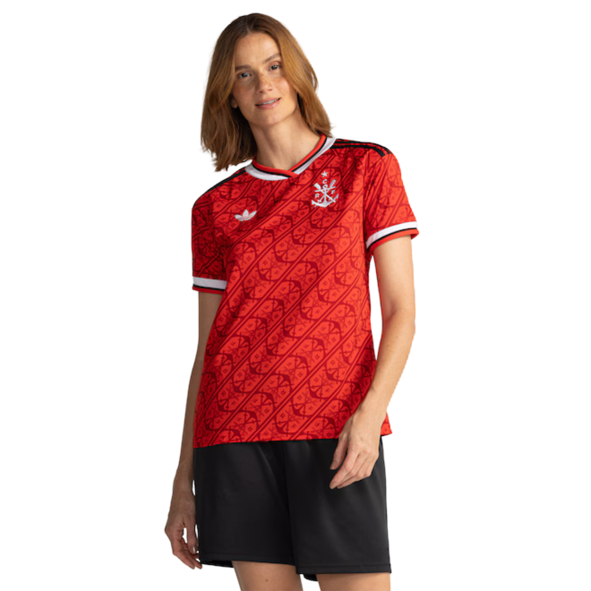 Flamengo 2026/27 third women's jersey in red with tonal pattern, worn by model