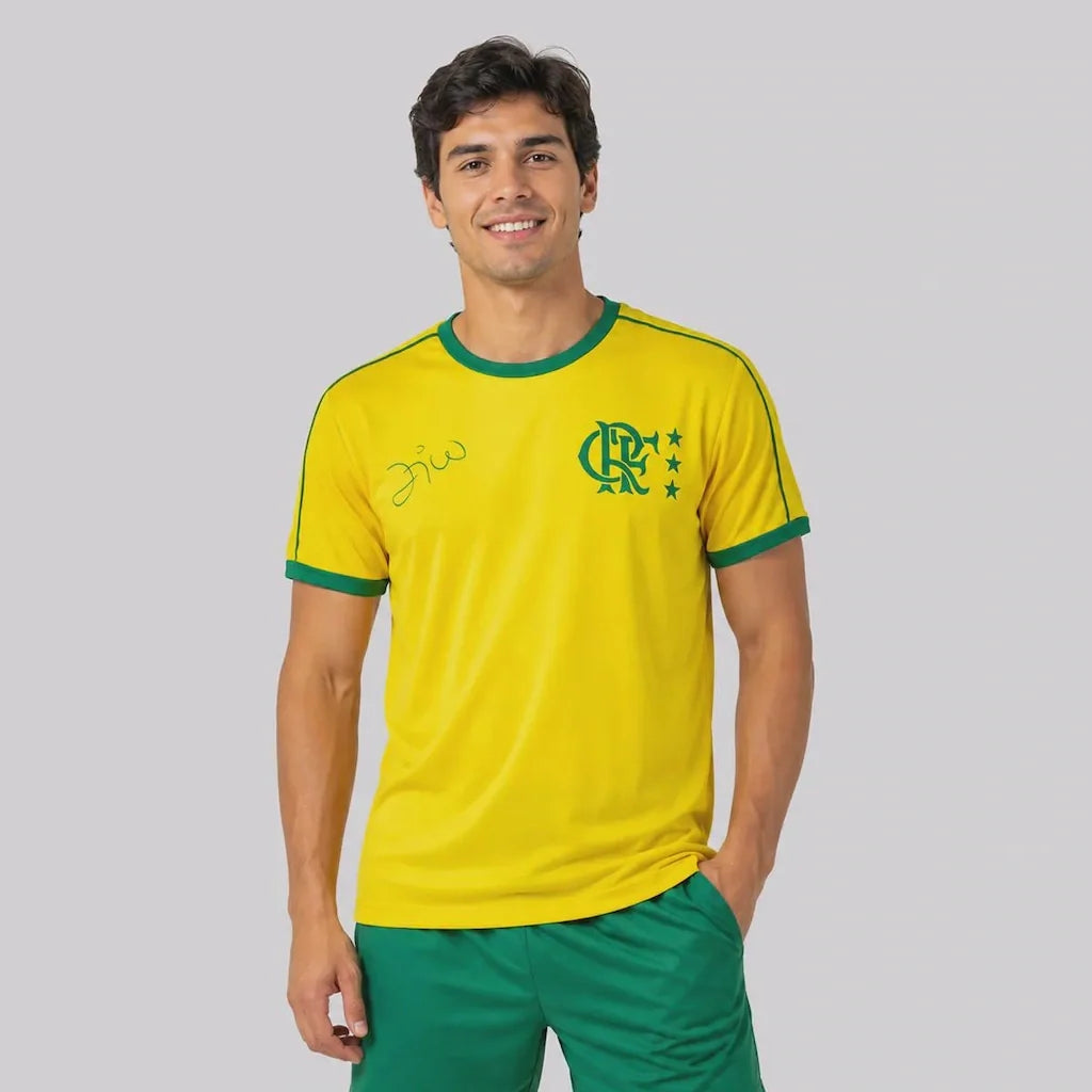 Flamengo 2026 Zico special edition jersey in yellow with green crest, worn by model