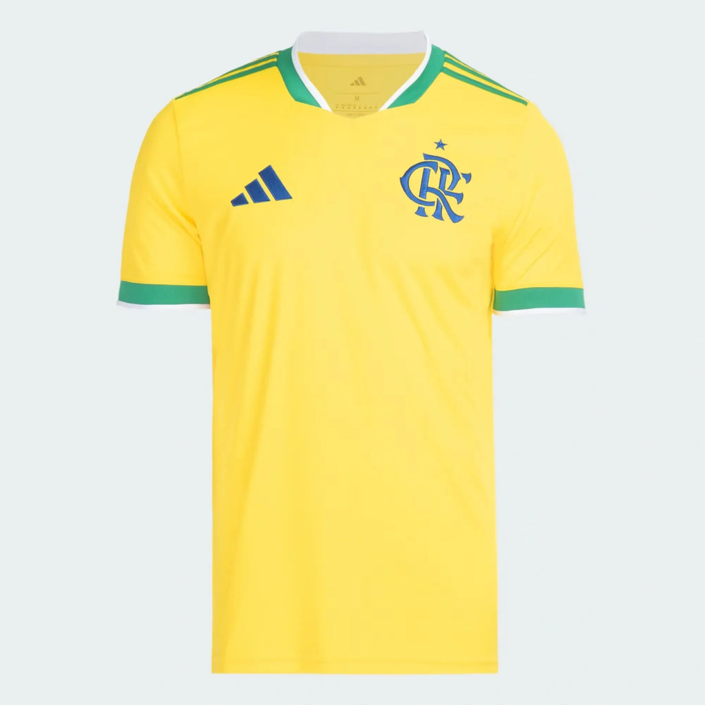 Flamengo 2026 Brazil edition jersey in yellow with green trim and blue crest - front